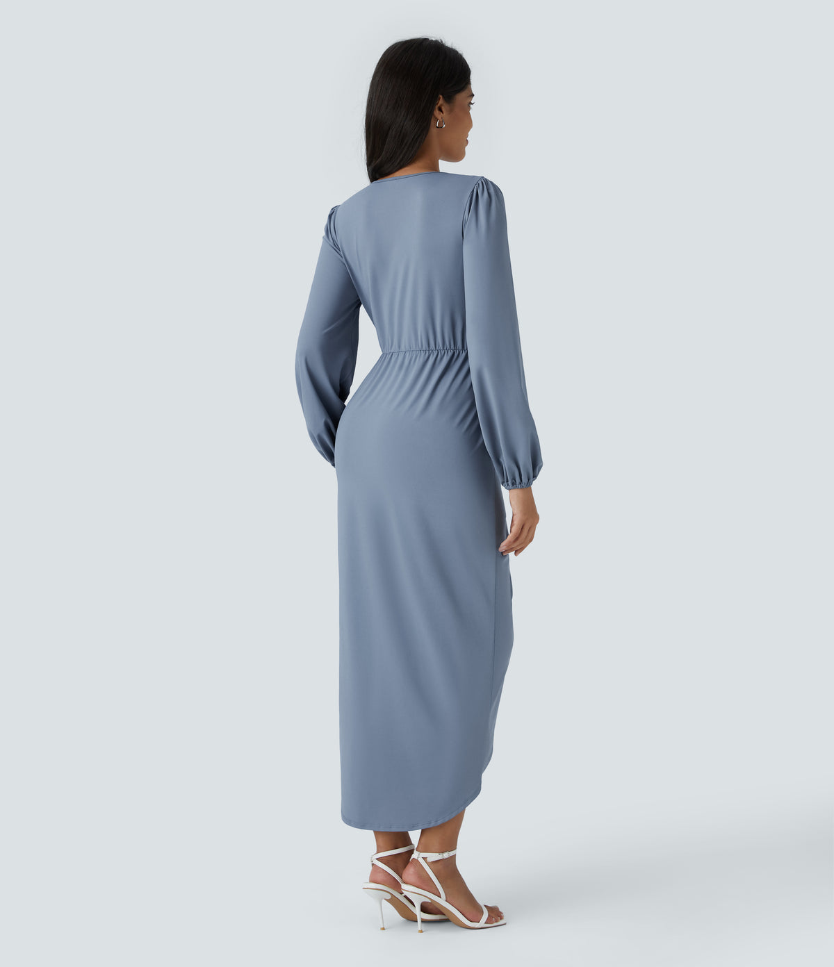 V Neck Long Sleeve Tulip Hem Midi Party Dress — Rain Washed — view 2