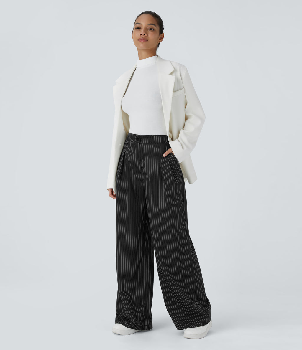 High Waisted Zipper Pocket Wide Leg Striped Work Trousers — Black — view 6