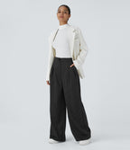 High Waisted Zipper Pocket Wide Leg Striped Work Trousers — Black — view 6