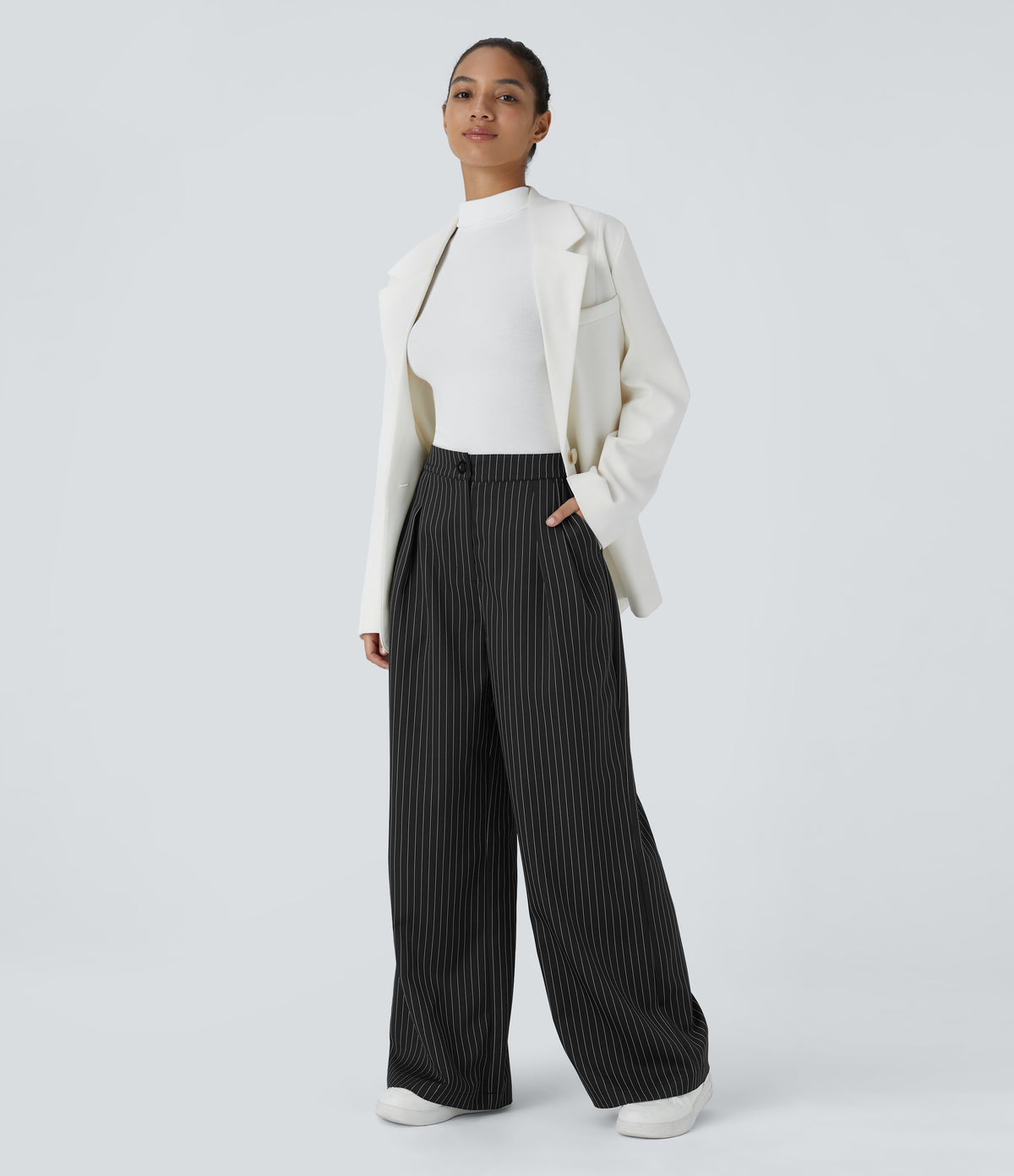 High Waisted Zipper Pocket Wide Leg Striped Work Trousers — Black — view 6