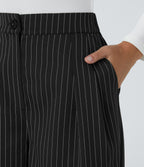 High Waisted Zipper Pocket Wide Leg Striped Work Trousers — Black — view 5
