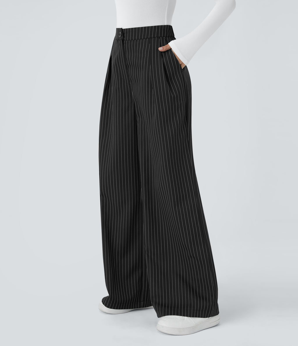 High Waisted Zipper Pocket Wide Leg Striped Work Trousers — Black — view 3