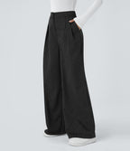 High Waisted Zipper Pocket Wide Leg Striped Work Trousers — Black — view 3
