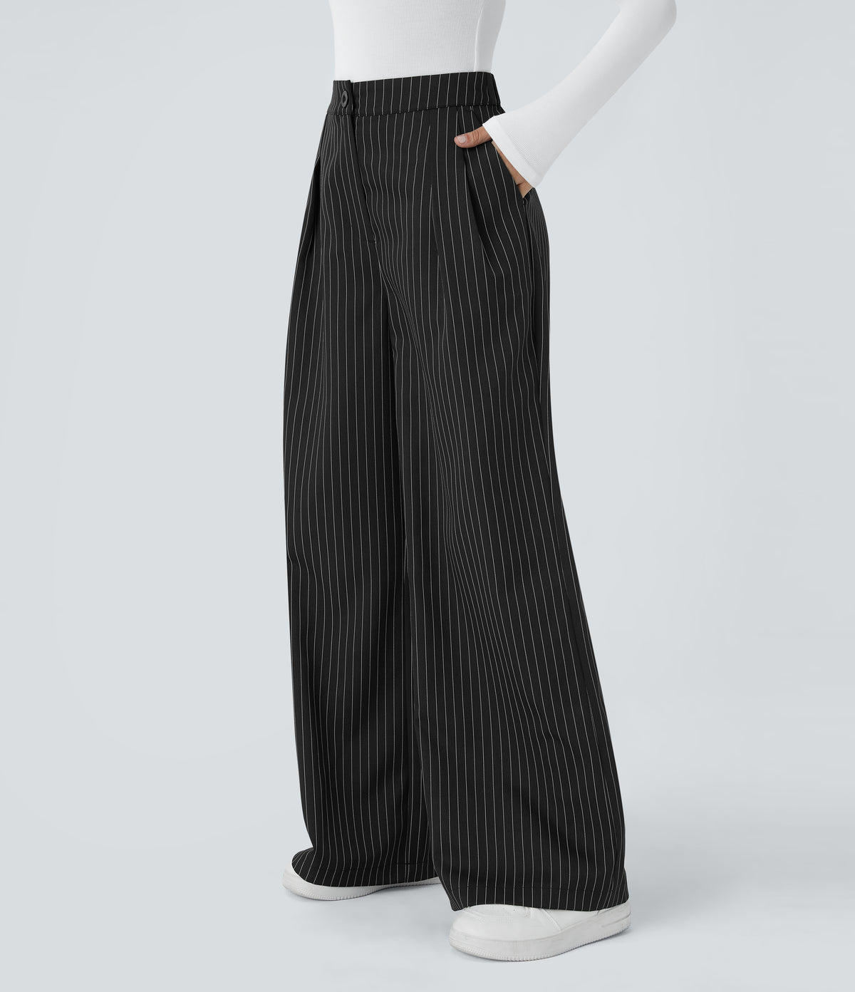 High Waisted Zipper Pocket Wide Leg Striped Work Trousers — Black — view 3