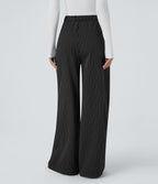 High Waisted Zipper Pocket Wide Leg Striped Work Trousers — Black — view 2