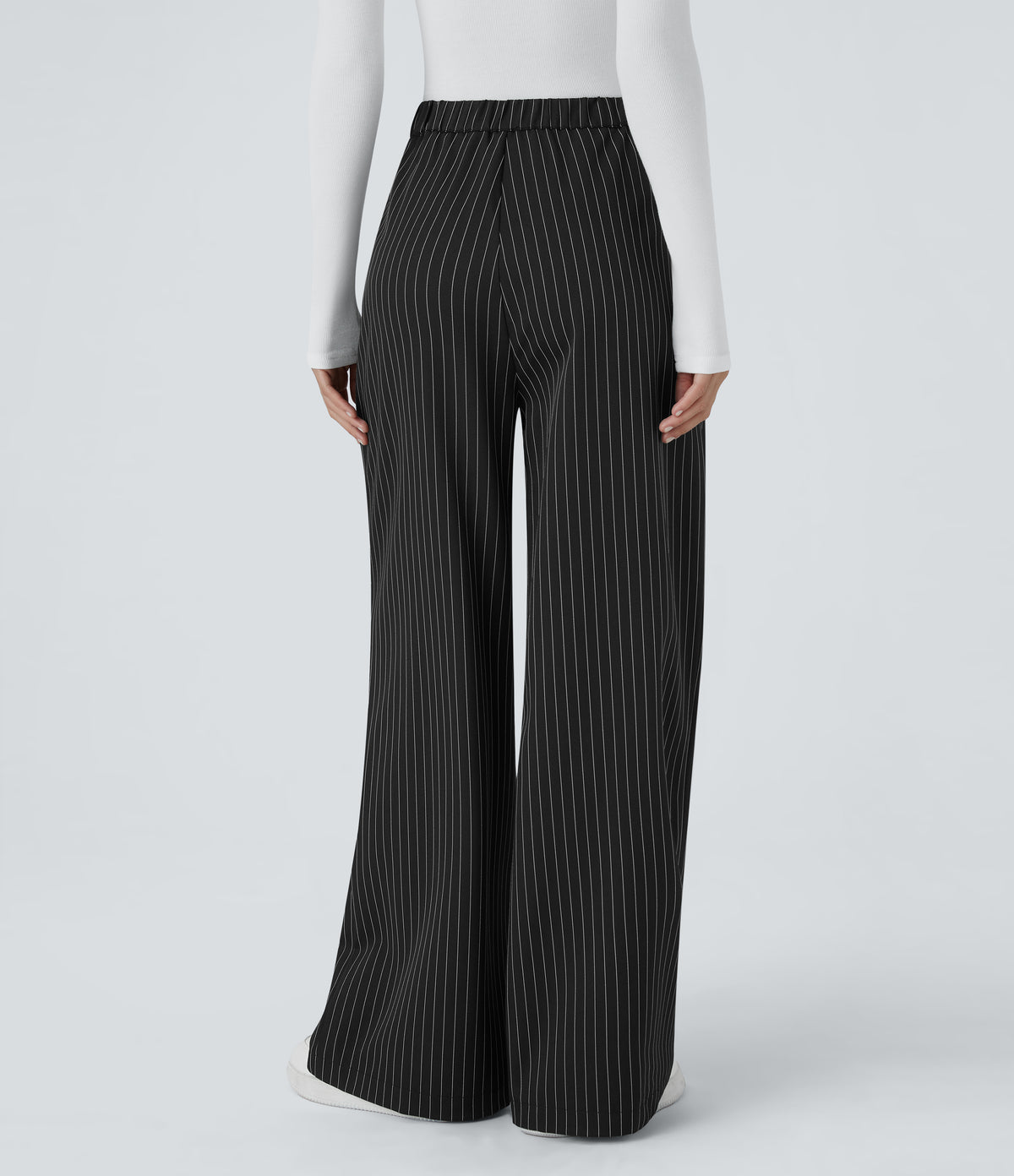 High Waisted Zipper Pocket Wide Leg Striped Work Trousers — Black — view 2