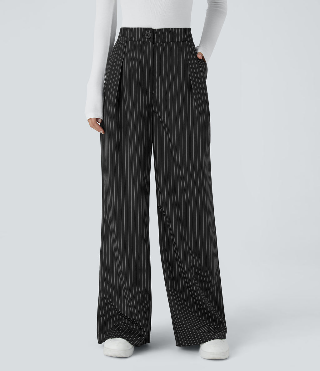 High Waisted Zipper Pocket Wide Leg Striped Work Trousers — Black — view 4
