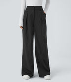 High Waisted Zipper Pocket Wide Leg Striped Work Trousers — Black — view 4