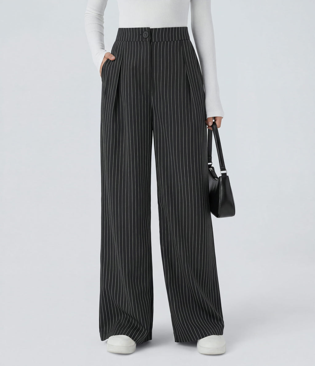 High Waisted Zipper Pocket Wide Leg Striped Work Trousers — Black — view 1