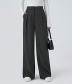 High Waisted Zipper Pocket Wide Leg Striped Work Trousers — Black — view 1