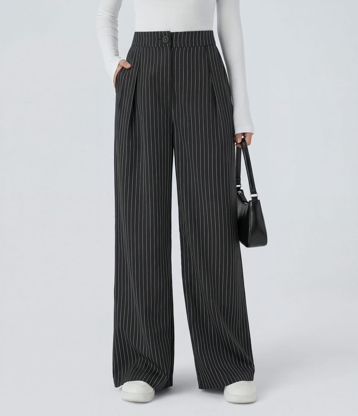 High Waisted Zipper Pocket Wide Leg Striped Work Trousers — Black — view 1