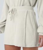 Ribbed Knit Mid Rise Drawstring Split Back Pocket 2-in-1 Mini Casual Skirt — White Onyx — view 5