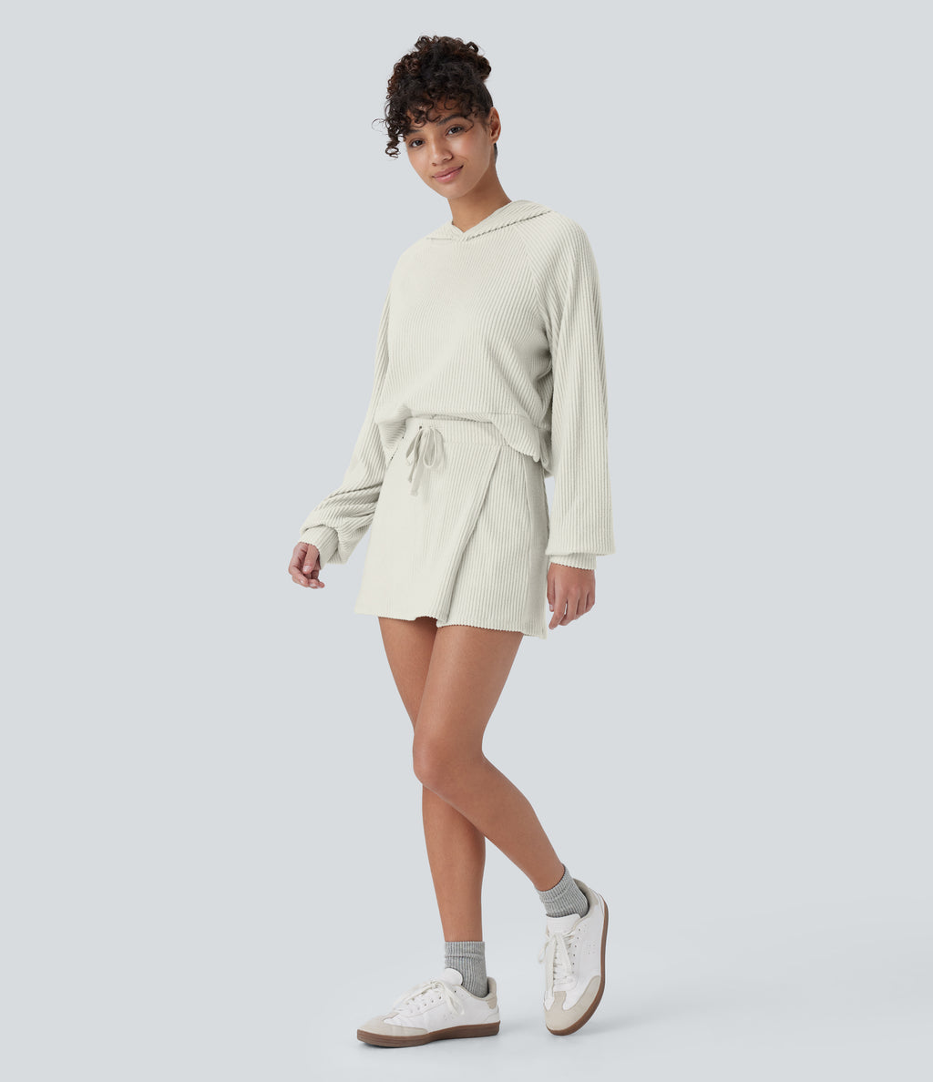 Ribbed Knit Mid Rise Drawstring Split Back Pocket 2-in-1 Mini Casual Skirt — White Onyx — view 7
