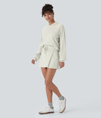 Ribbed Knit Mid Rise Drawstring Split Back Pocket 2-in-1 Mini Casual Skirt — White Onyx — view 7