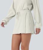 Ribbed Knit Mid Rise Drawstring Split Back Pocket 2-in-1 Mini Casual Skirt — White Onyx — view 3