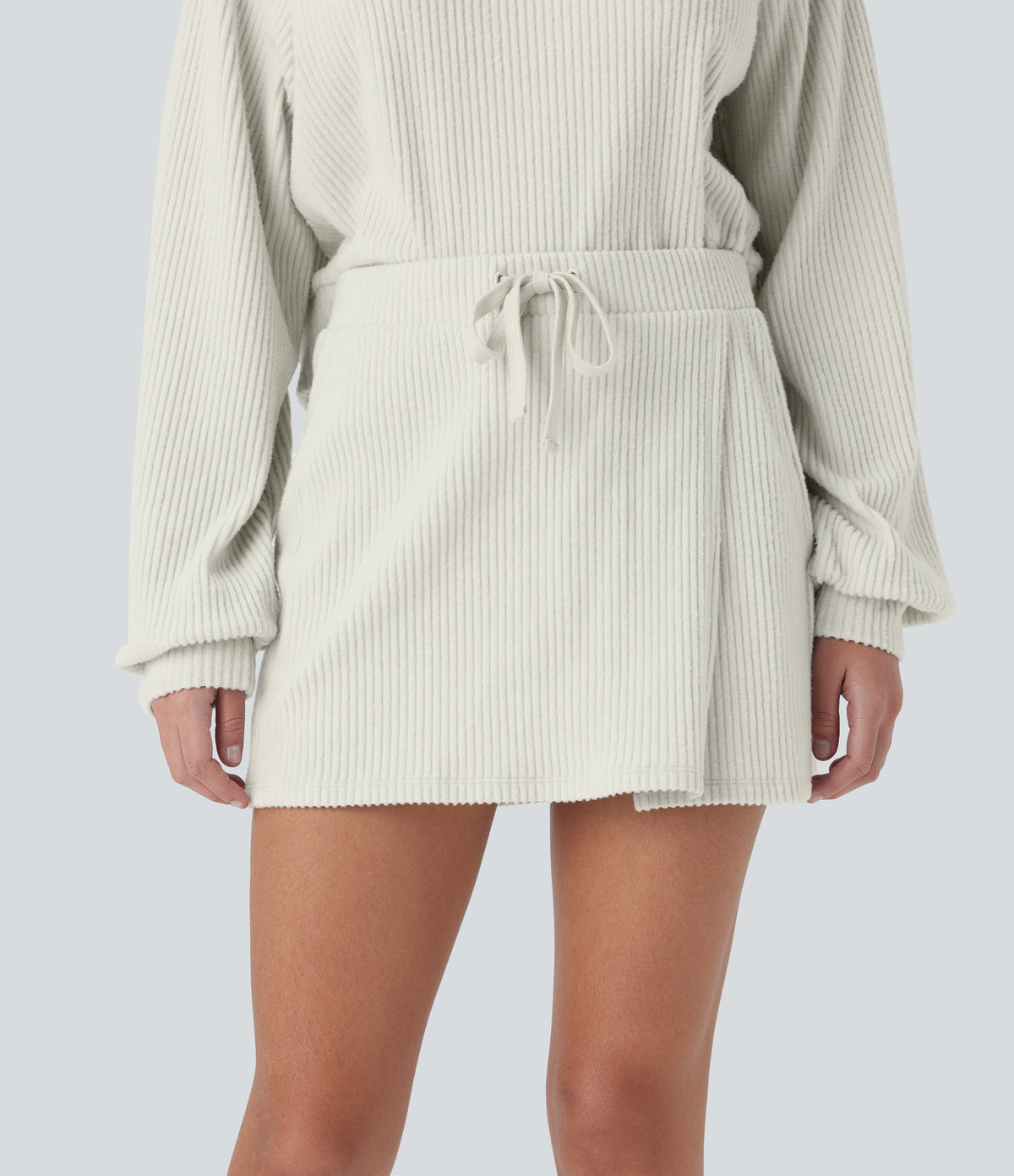 Ribbed Knit Mid Rise Drawstring Split Back Pocket 2-in-1 Mini Casual Skirt — White Onyx — view 1