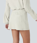 Ribbed Knit Mid Rise Drawstring Split Back Pocket 2-in-1 Mini Casual Skirt — White Onyx — view 2