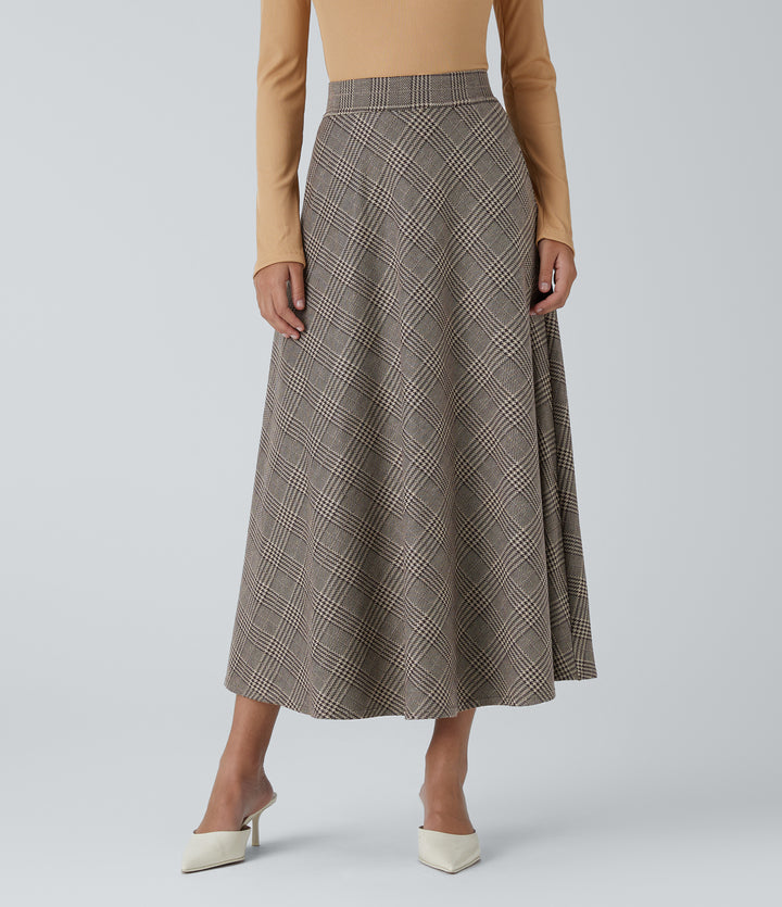 High Waisted Pocket Houndstooth Plaid Flare Midi Casual Skirt — Brown Houndstooth Plaid — view 1