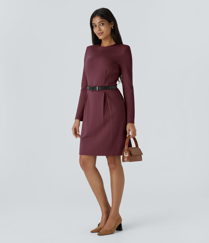 Round Neck Shoulder Pad Long Sleeve Hem Slim Mini Work Dress — Chocolate Truffle — view 1