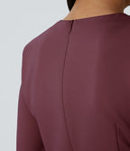 Round Neck Shoulder Pad Long Sleeve Hem Slim Mini Work Dress — Chocolate Truffle — view 5