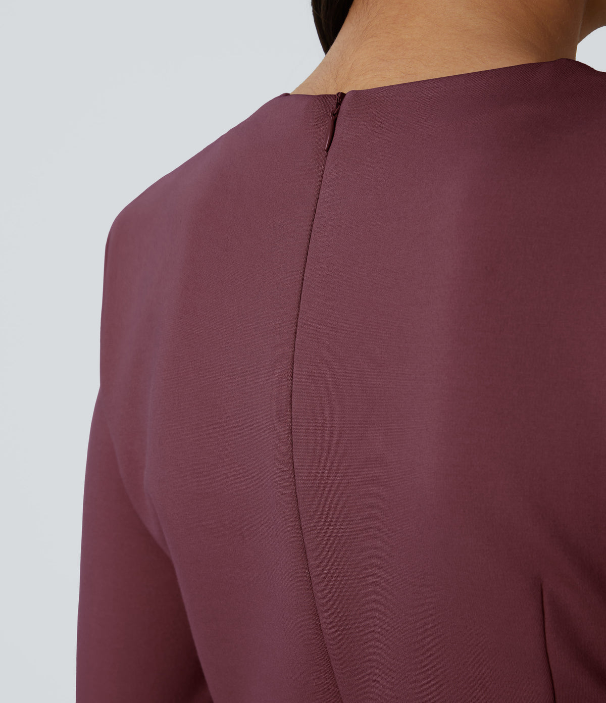 Round Neck Shoulder Pad Long Sleeve Hem Slim Mini Work Dress — Chocolate Truffle — view 5