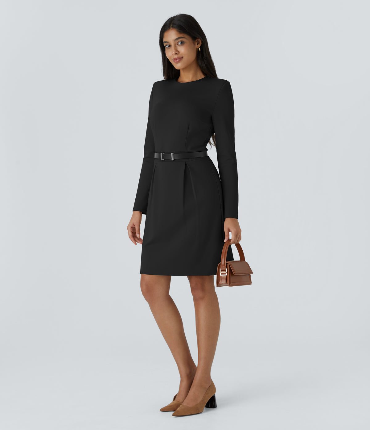 Round Neck Shoulder Pad Long Sleeve Hem Slim Mini Work Dress — Black — view 8