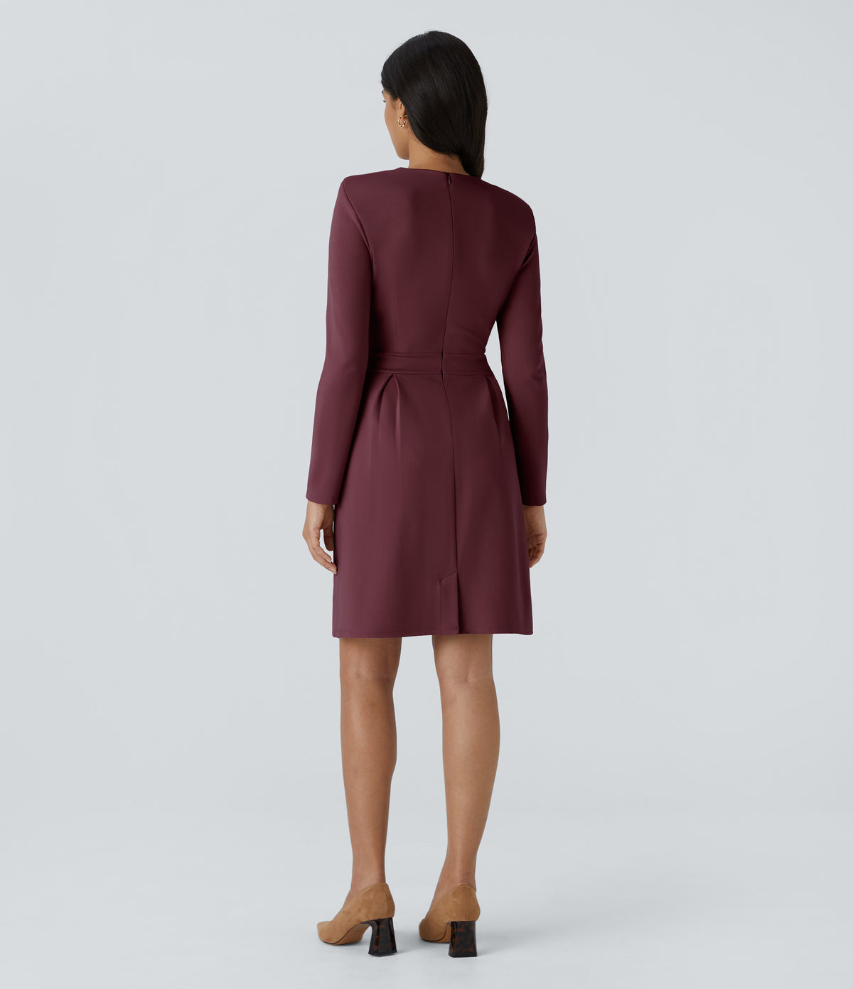 Round Neck Shoulder Pad Long Sleeve Hem Slim Mini Work Dress — Chocolate Truffle — view 2