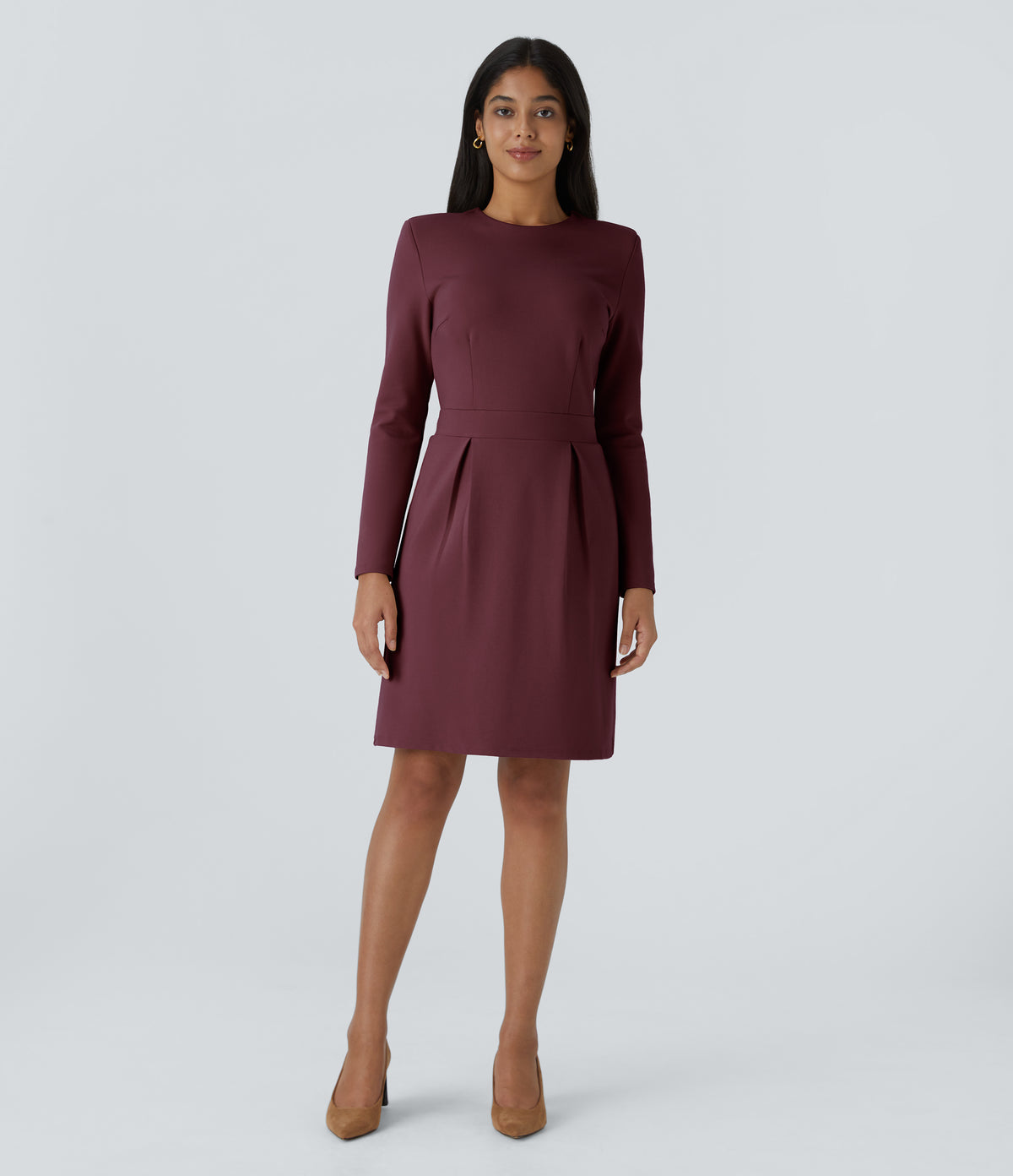 Round Neck Shoulder Pad Long Sleeve Hem Slim Mini Work Dress — Chocolate Truffle — view 4