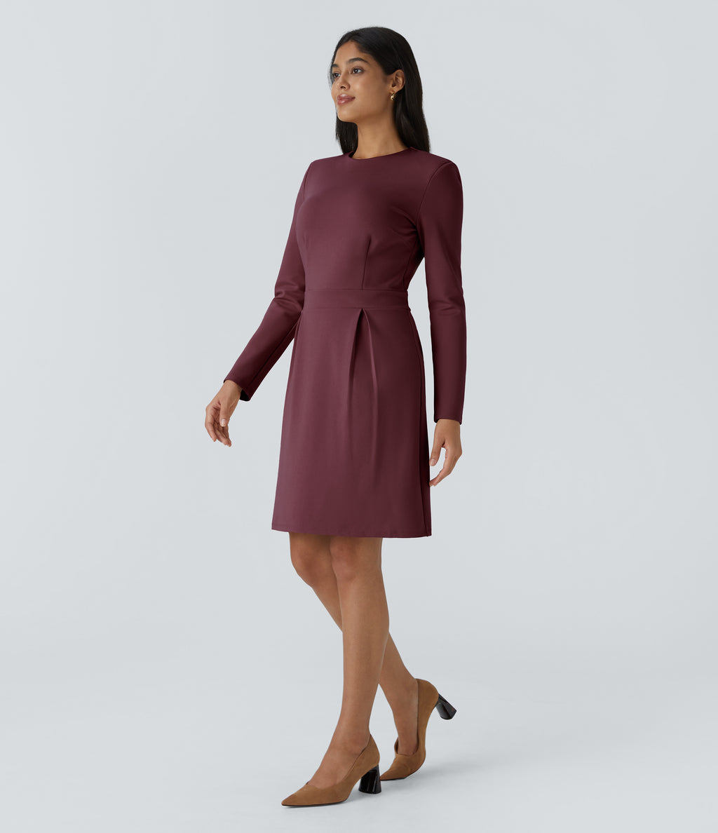 Round Neck Shoulder Pad Long Sleeve Hem Slim Mini Work Dress — Chocolate Truffle — view 3