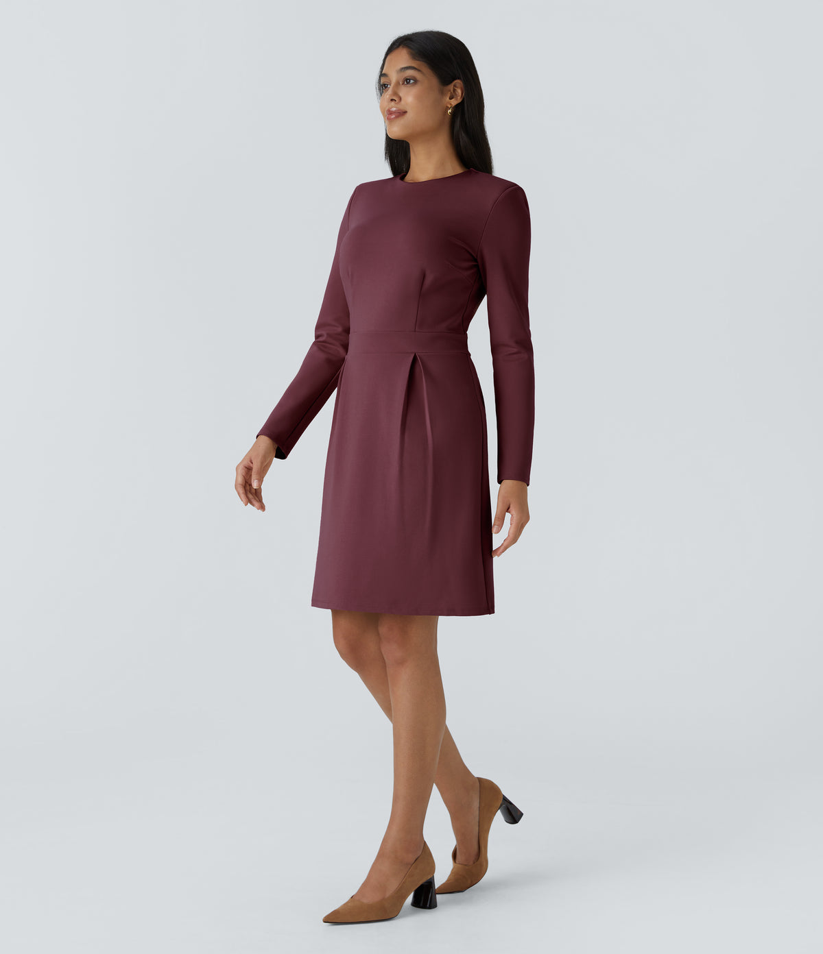 Round Neck Shoulder Pad Long Sleeve Hem Slim Mini Work Dress — Chocolate Truffle — view 3