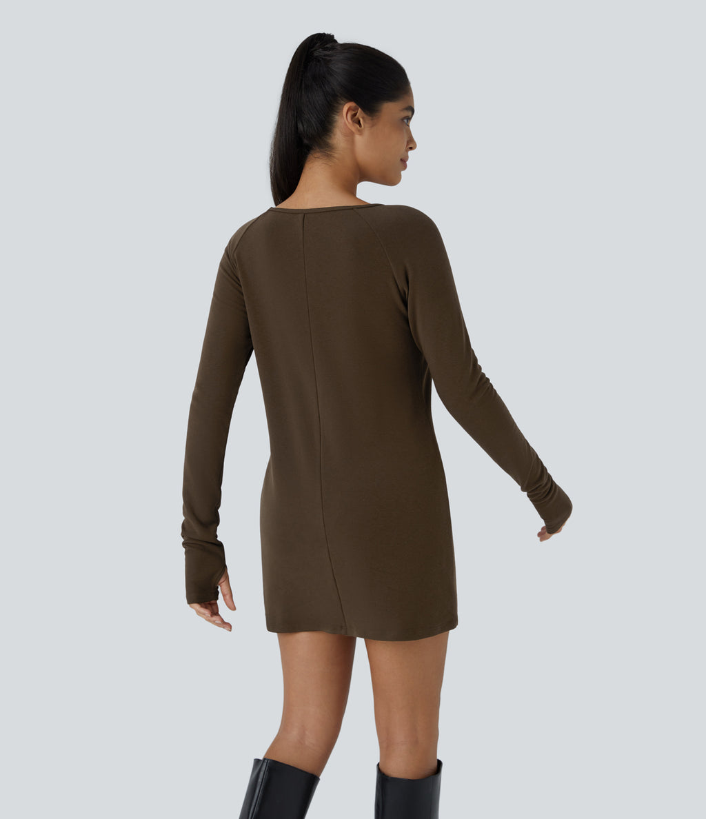 Raglan Long Sleeve Thumb Hole Thermal Mini Casual Dress — Cocoa — view 2