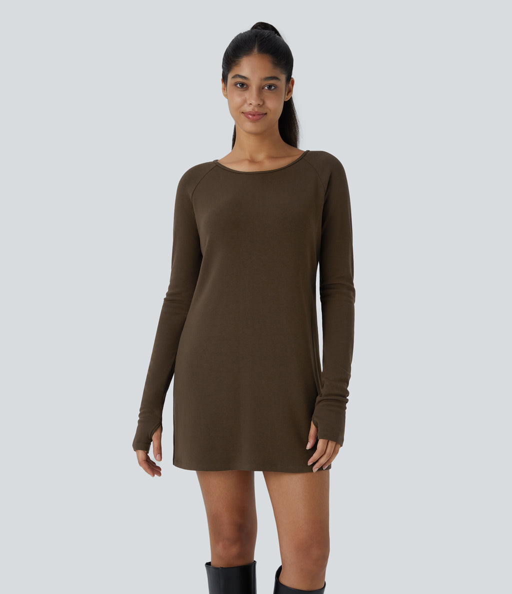 Raglan Long Sleeve Thumb Hole Thermal Mini Casual Dress — Cocoa — view 1