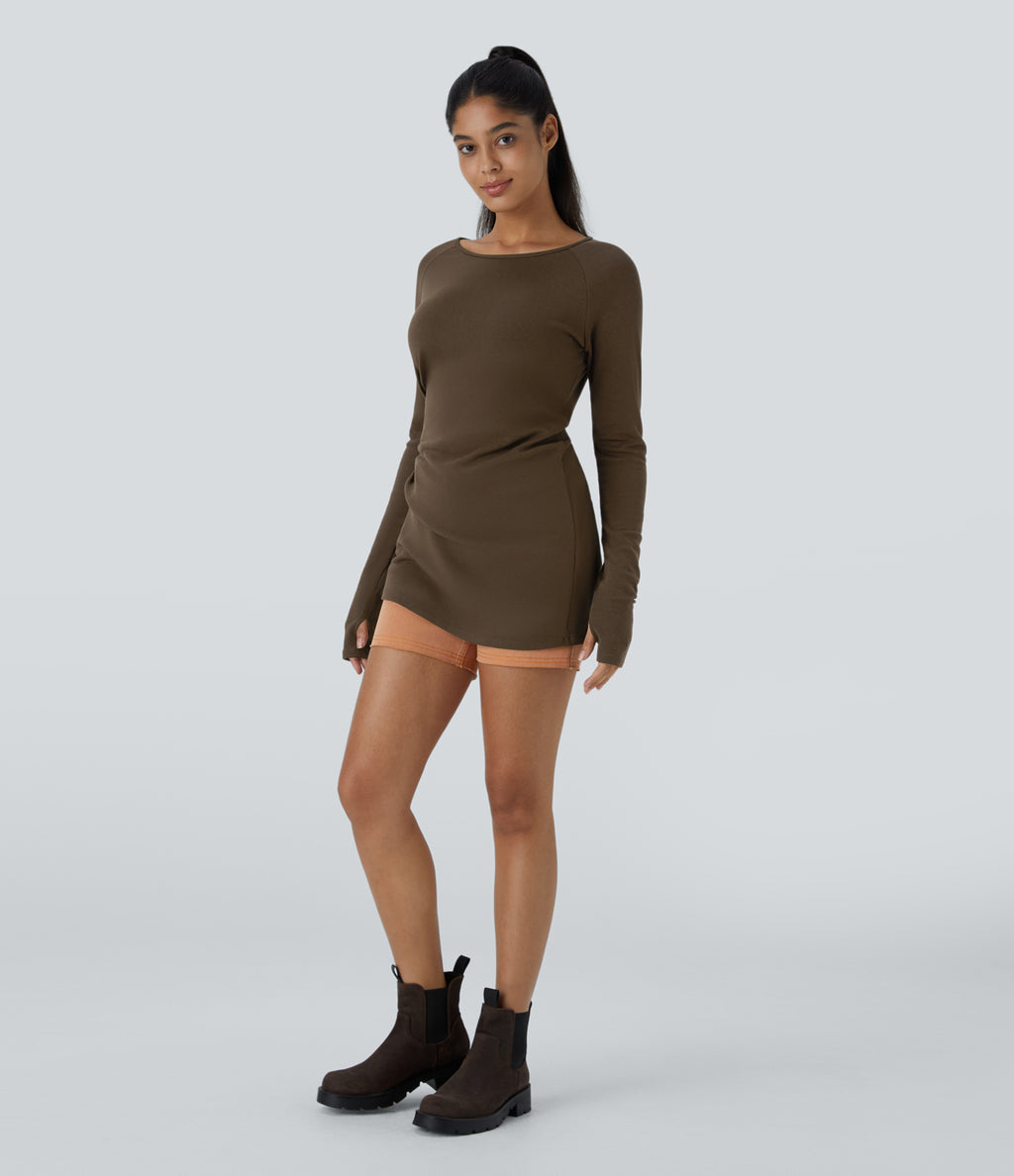 Raglan Long Sleeve Thumb Hole Thermal Mini Casual Dress — Cocoa — view 6