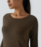 Raglan Long Sleeve Thumb Hole Thermal Mini Casual Dress — Cocoa — view 4