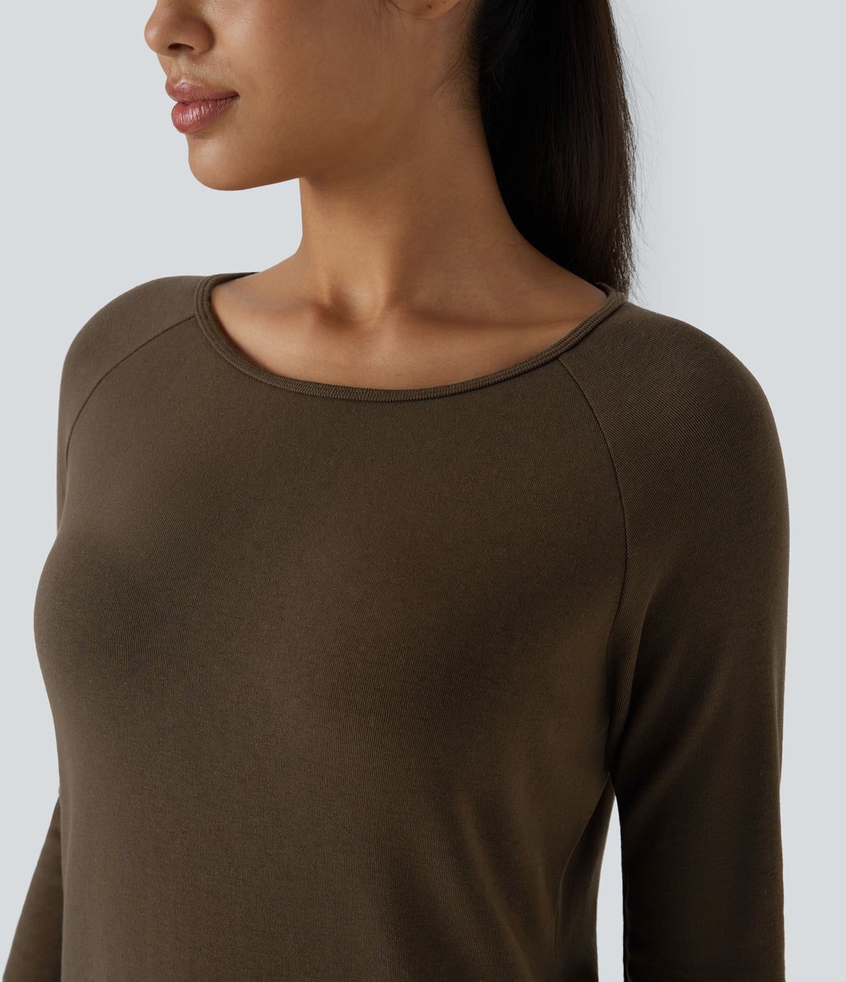 Raglan Long Sleeve Thumb Hole Thermal Mini Casual Dress — Cocoa — view 4