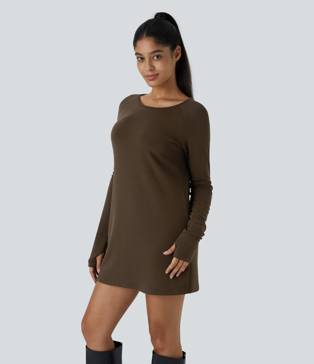 Raglan Long Sleeve Thumb Hole Thermal Mini Casual Dress — Cocoa — view 3