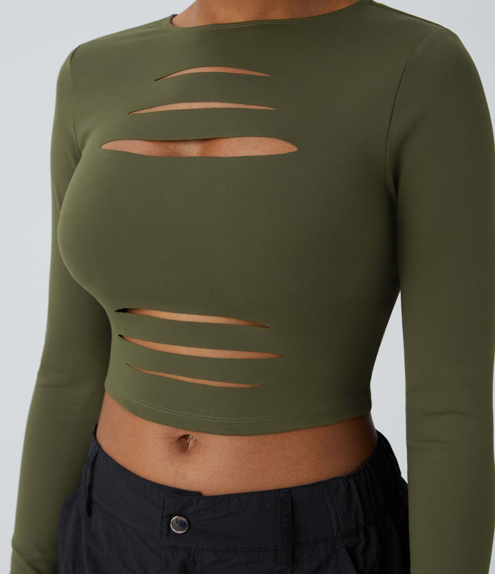 Round Neck Long Sleeve Cut Out Ripped Skinny Cropped Casual Top — Forest Night — view 1