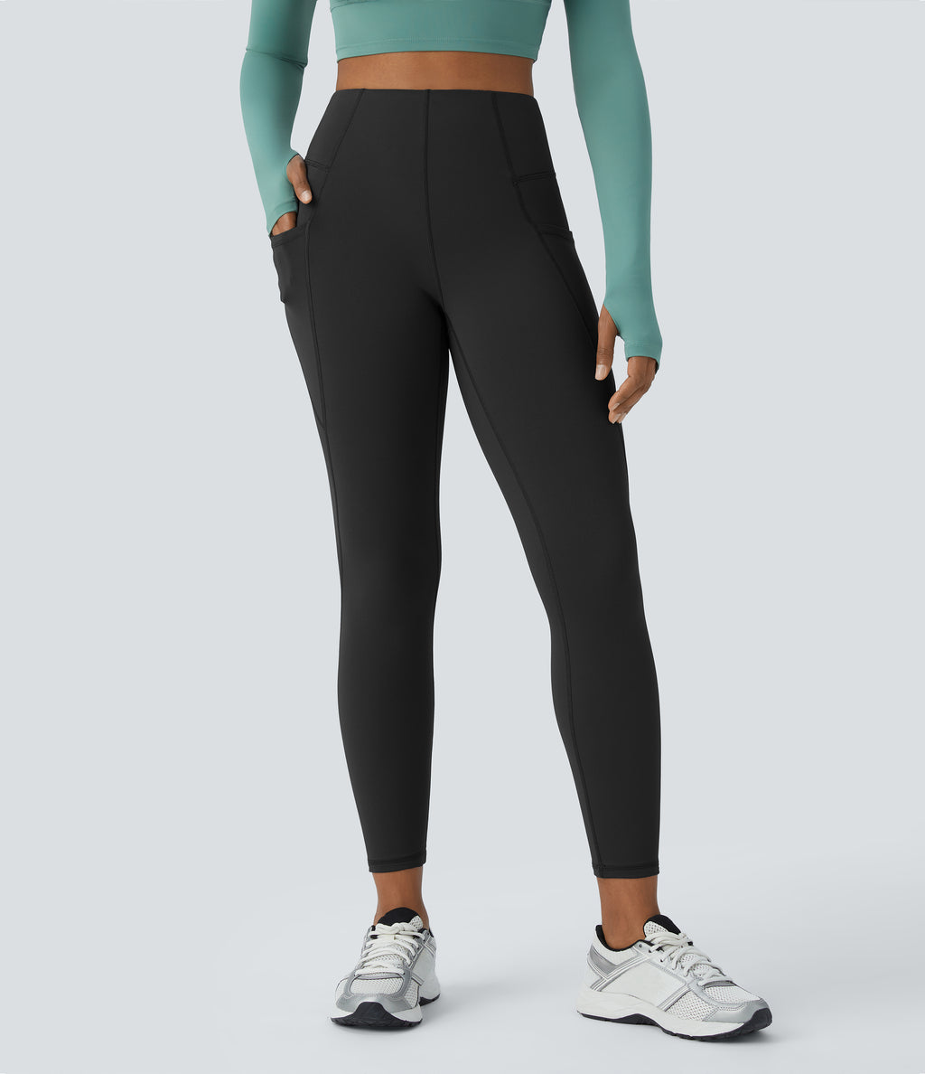 High Waisted Side Pocket Thermal Yoga Leggings — Black — view 3