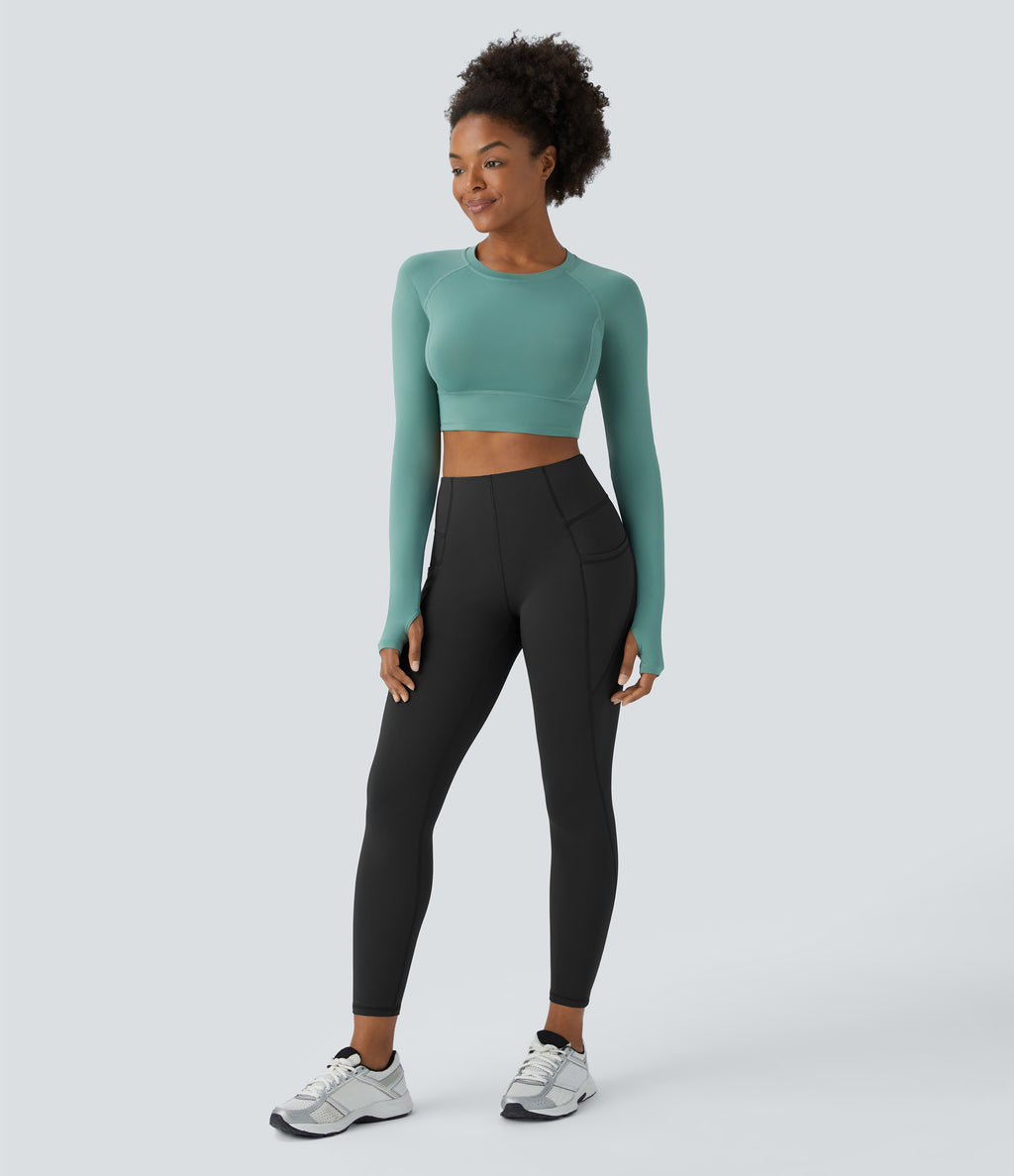 High Waisted Side Pocket Thermal Yoga Leggings — Black — view 5