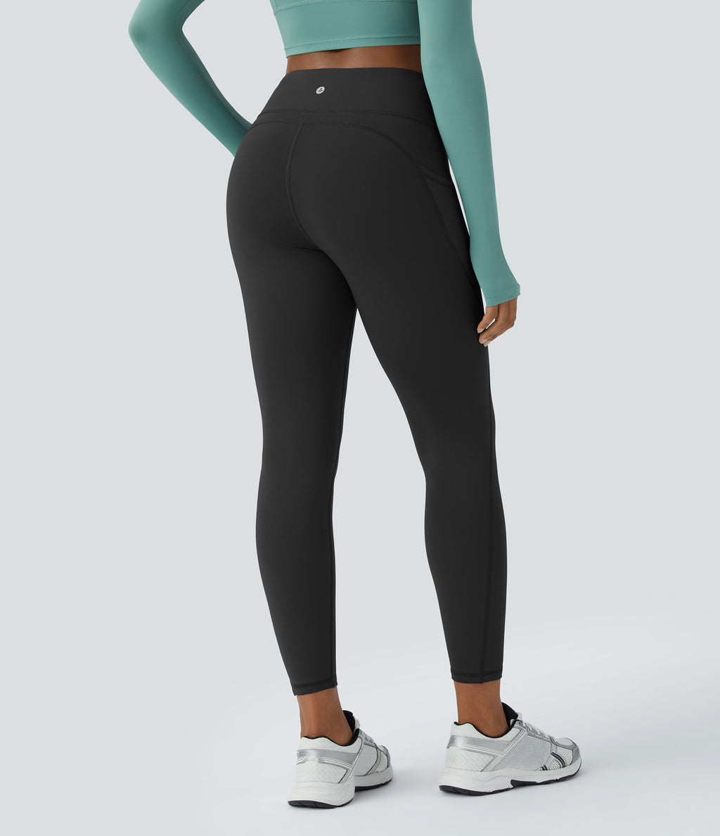 High Waisted Side Pocket Thermal Yoga Leggings — Black — view 2