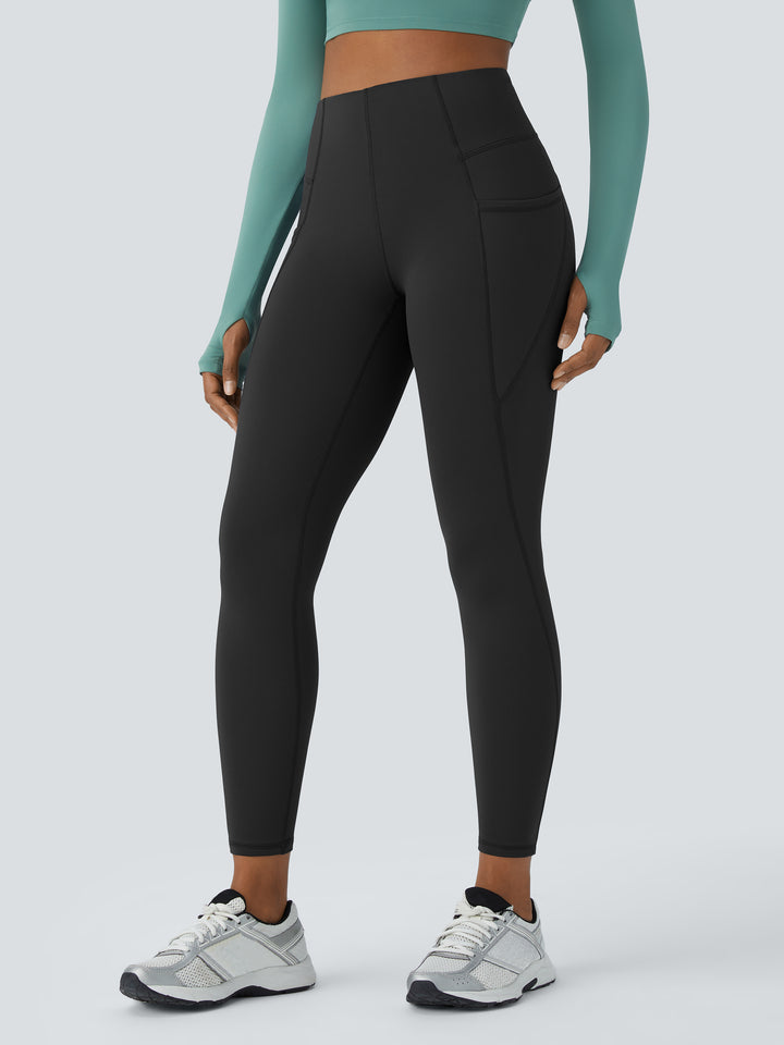 High Waisted Side Pocket Thermal Yoga Leggings — Black — view 1