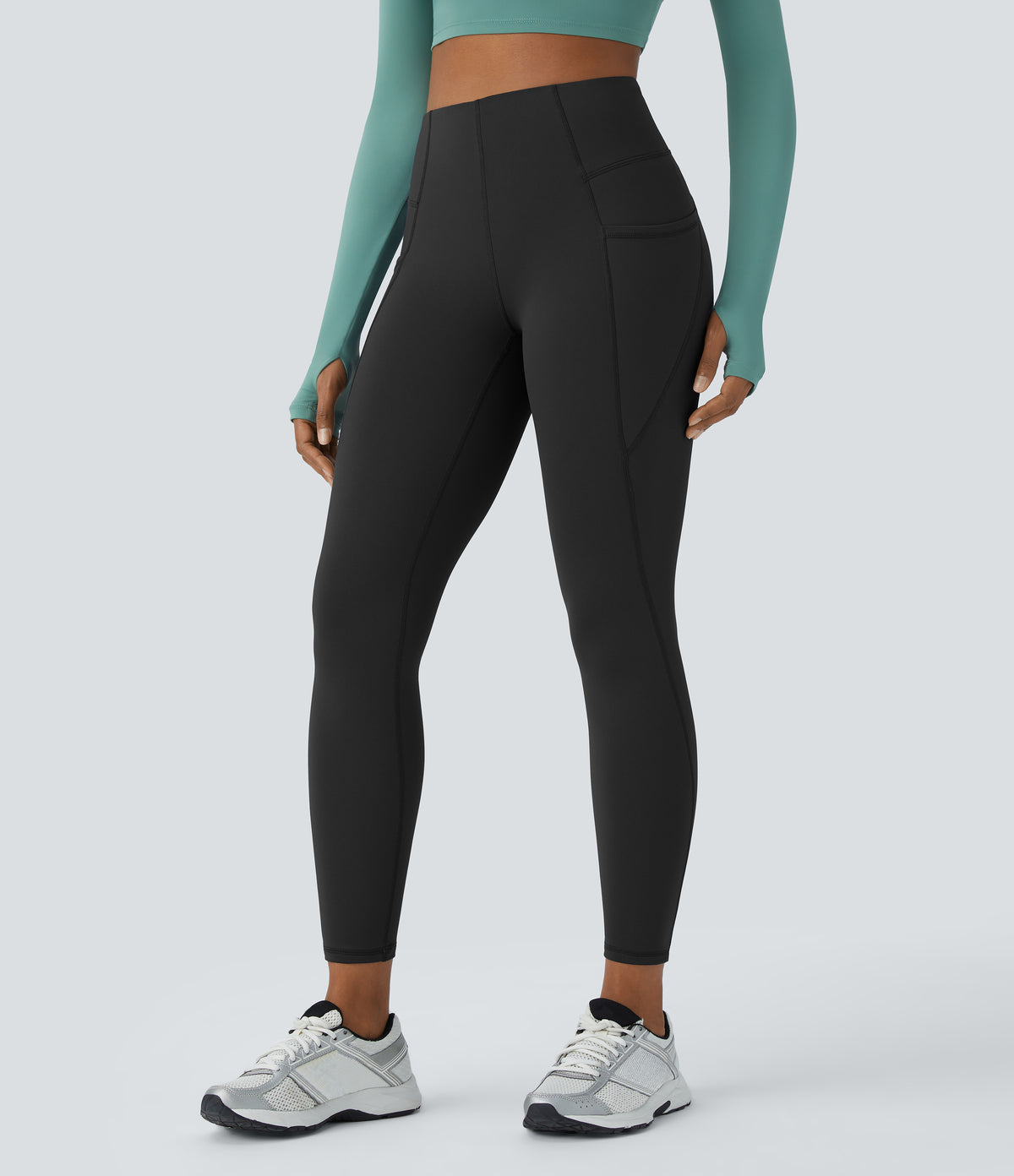 High Waisted Side Pocket Thermal Yoga Leggings — Black — view 1