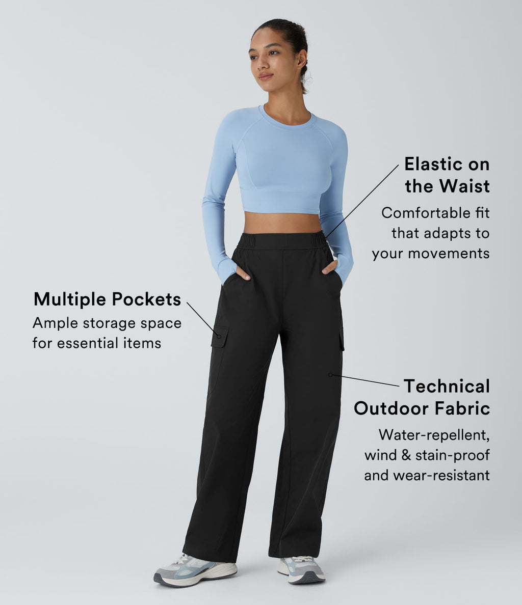 Water Repellent Wear-Resistant High Waisted Pockets Camping Cargo Trousers — Black — view 2