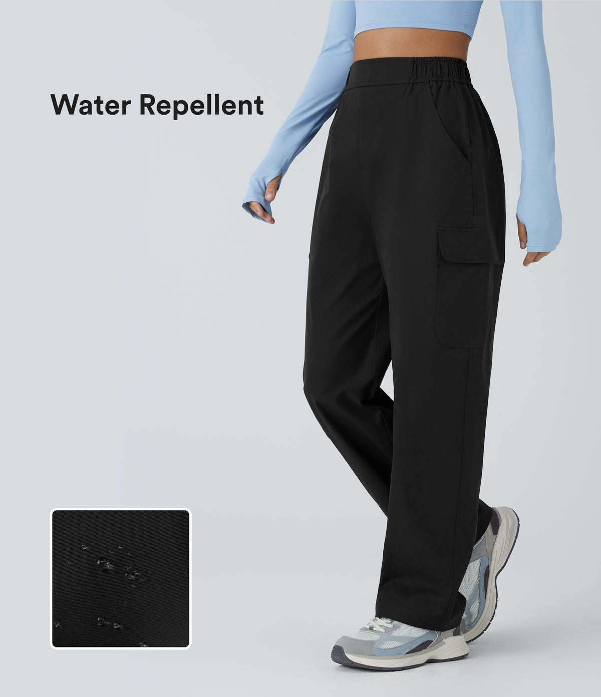 Water Repellent Wear-Resistant High Waisted Pockets Camping Cargo Trousers — Black — view 1