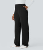 High Waisted Side Pocket Waffle Work Trousers — Black — view 3