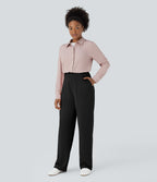 High Waisted Side Pocket Waffle Work Trousers — Black — view 6