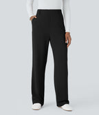 High Waisted Side Pocket Waffle Work Trousers — Black — view 1
