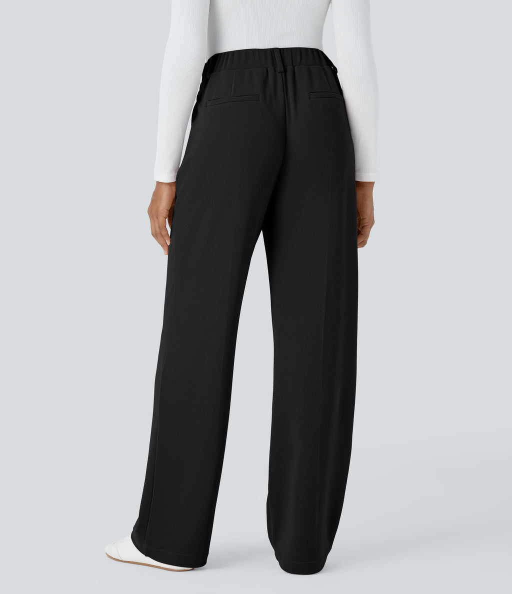 High Waisted Side Pocket Waffle Work Trousers — Black — view 2