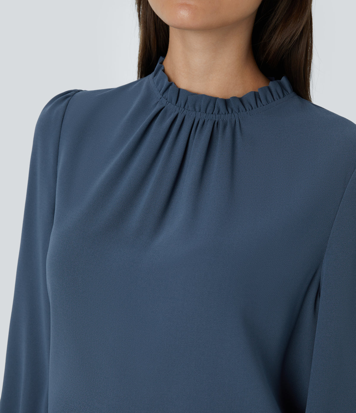 Frill Round Neck Keyhole Back Long Sleeve Work Blouse — Starry Blue — view 5