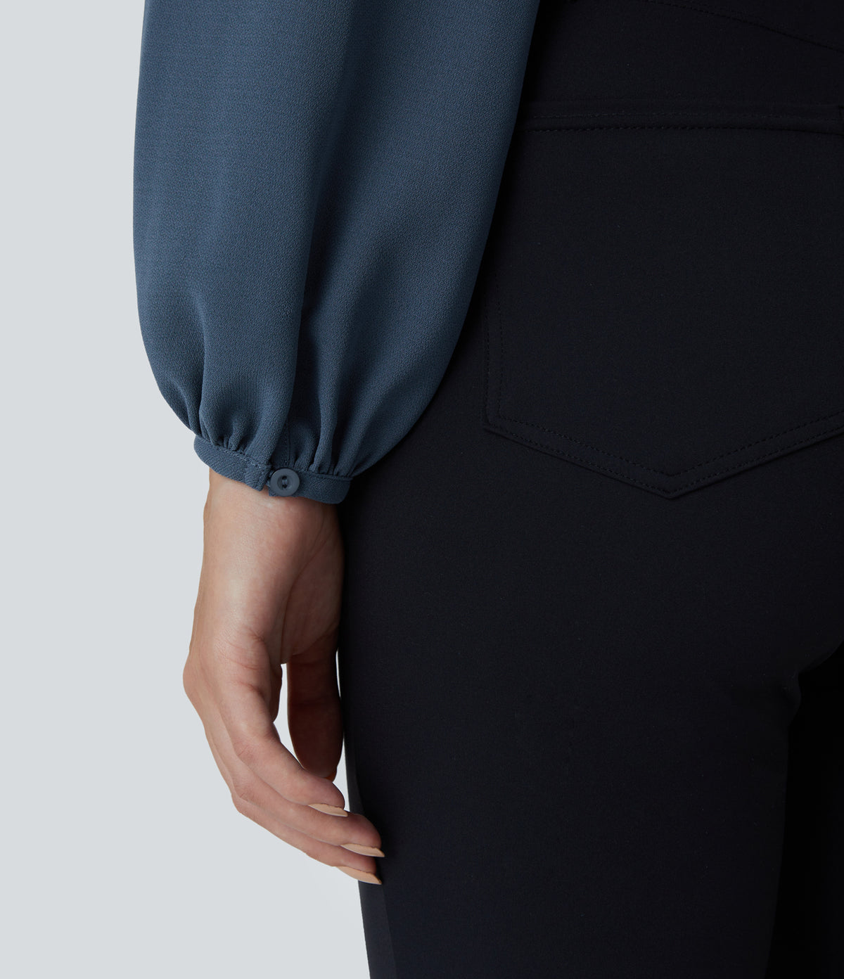 Frill Round Neck Keyhole Back Long Sleeve Work Blouse — Starry Blue — view 6
